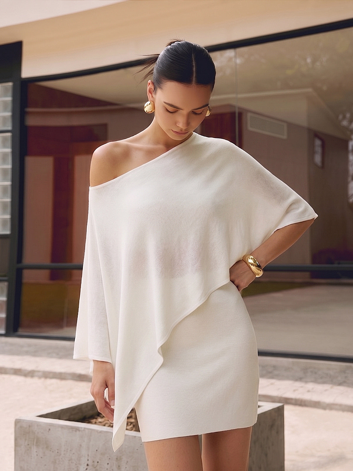 Asymmetric Knit Cape Top & Mini Skirt Set
