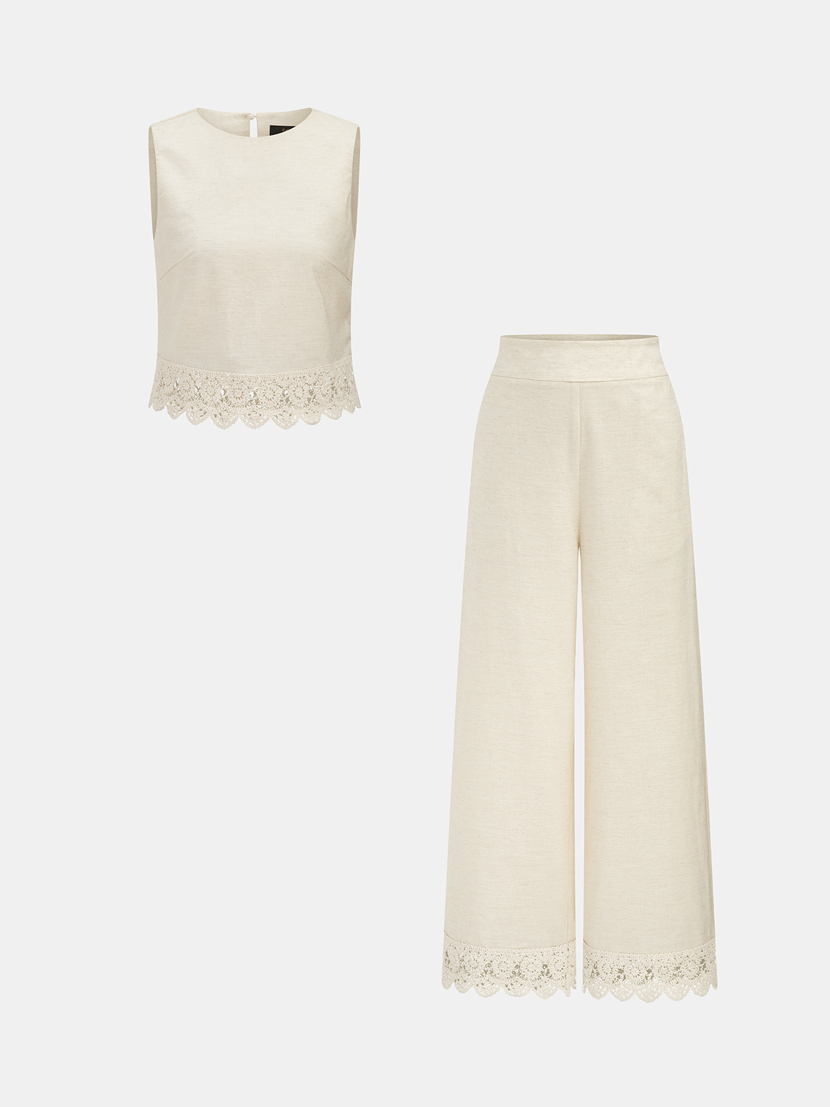 Cotton Linen Lace Trim Two-Piece Pants Set