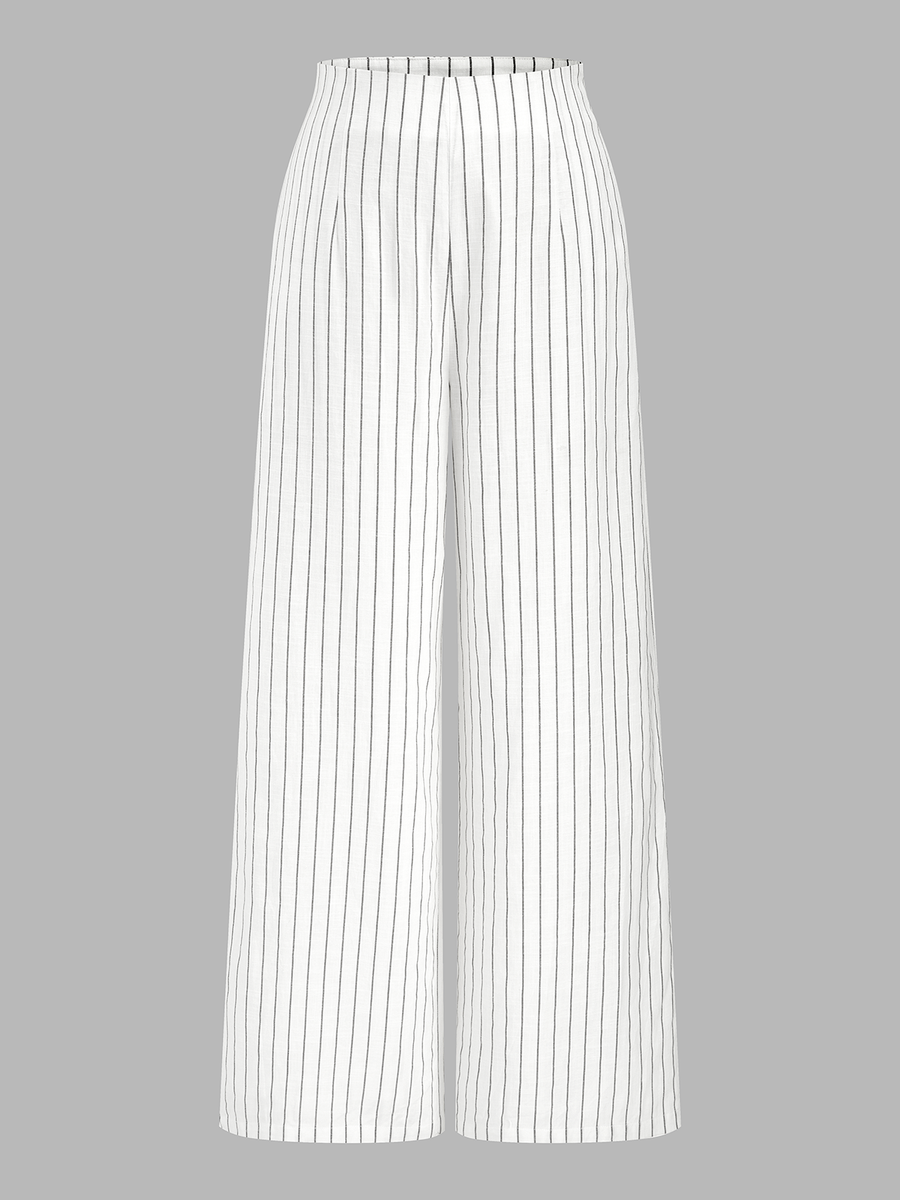 Pinstripe Cotton Linen Wide Leg Pants