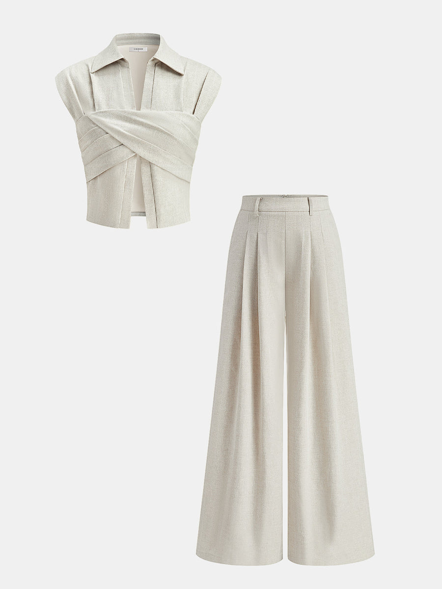 Cotton Linen Wrap Top & Pleated Pants Set