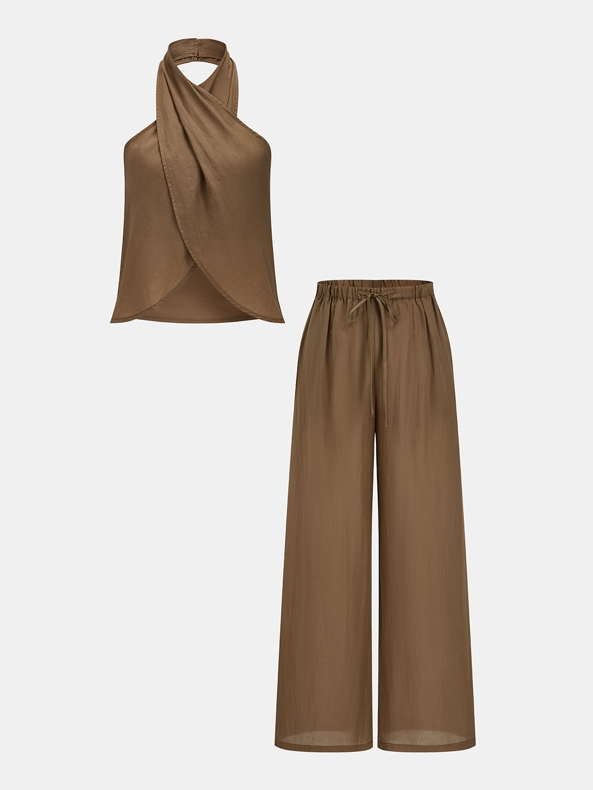 Semi-Sheer Halter Neck Top & Wide Leg Pants Set