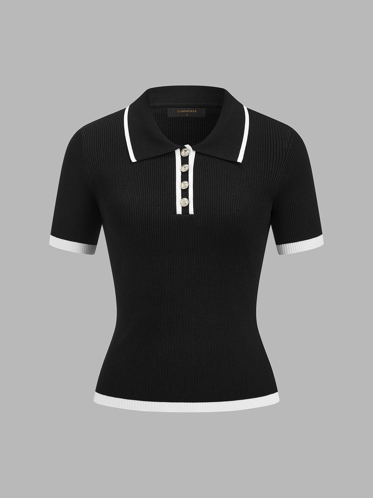 Ribbed Knit Short Sleeve Polo Top