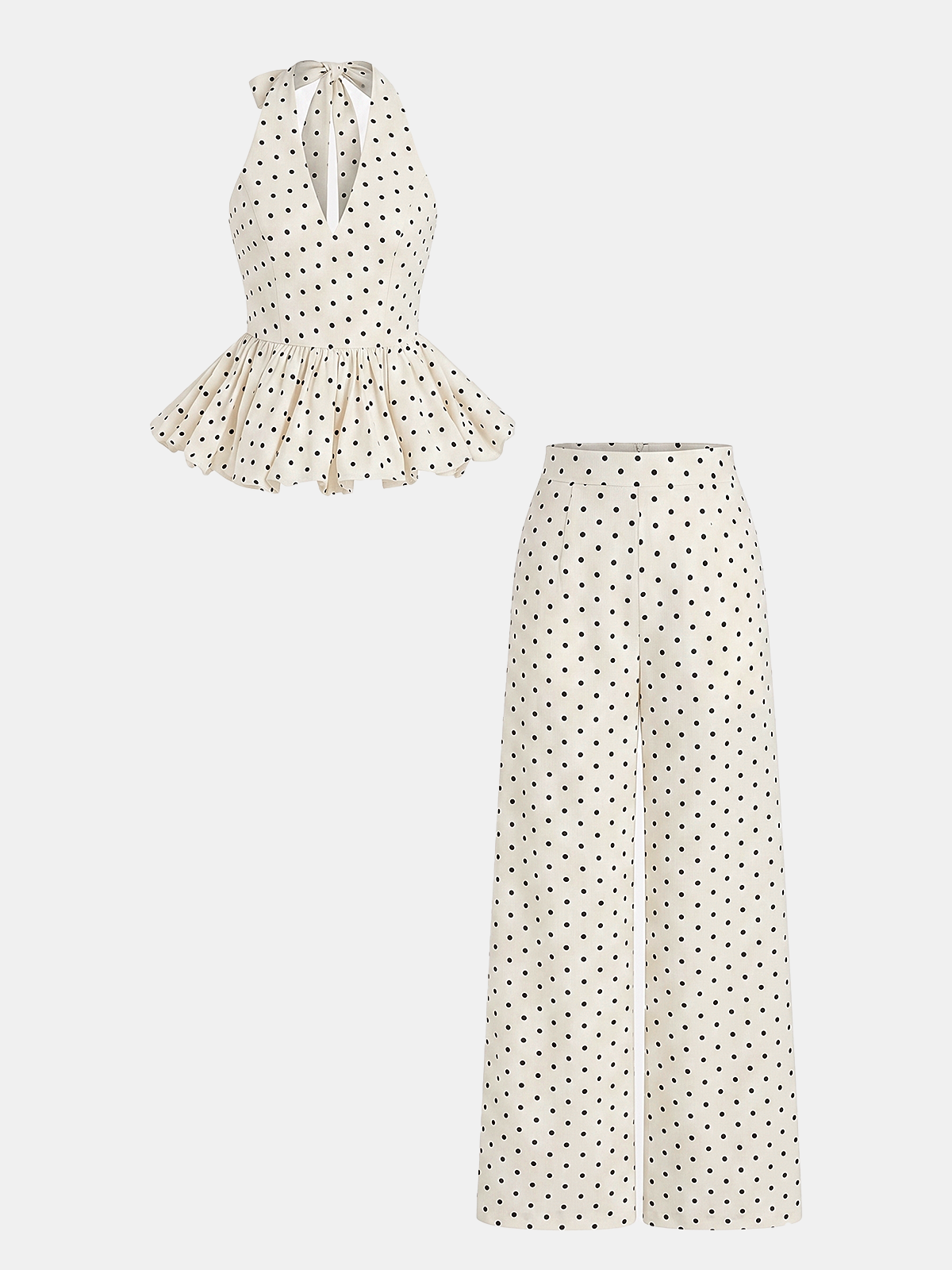 Linen Blend Polka Dot Peplum Top & Pants Set