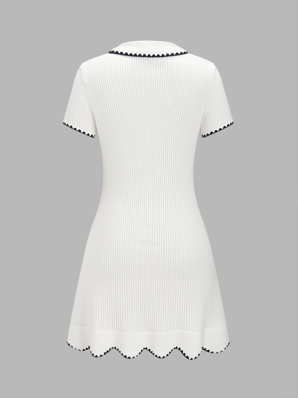 Polo Collar Contrast Trim Ribbed Knit Mini Dress