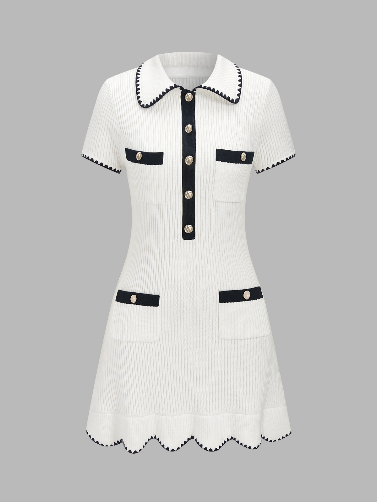 Polo Collar Contrast Trim Ribbed Knit Mini Dress