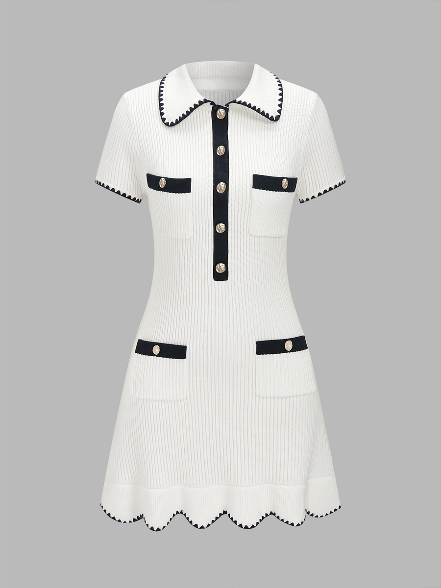 Polo Collar Contrast Trim Ribbed Knit Mini Dress