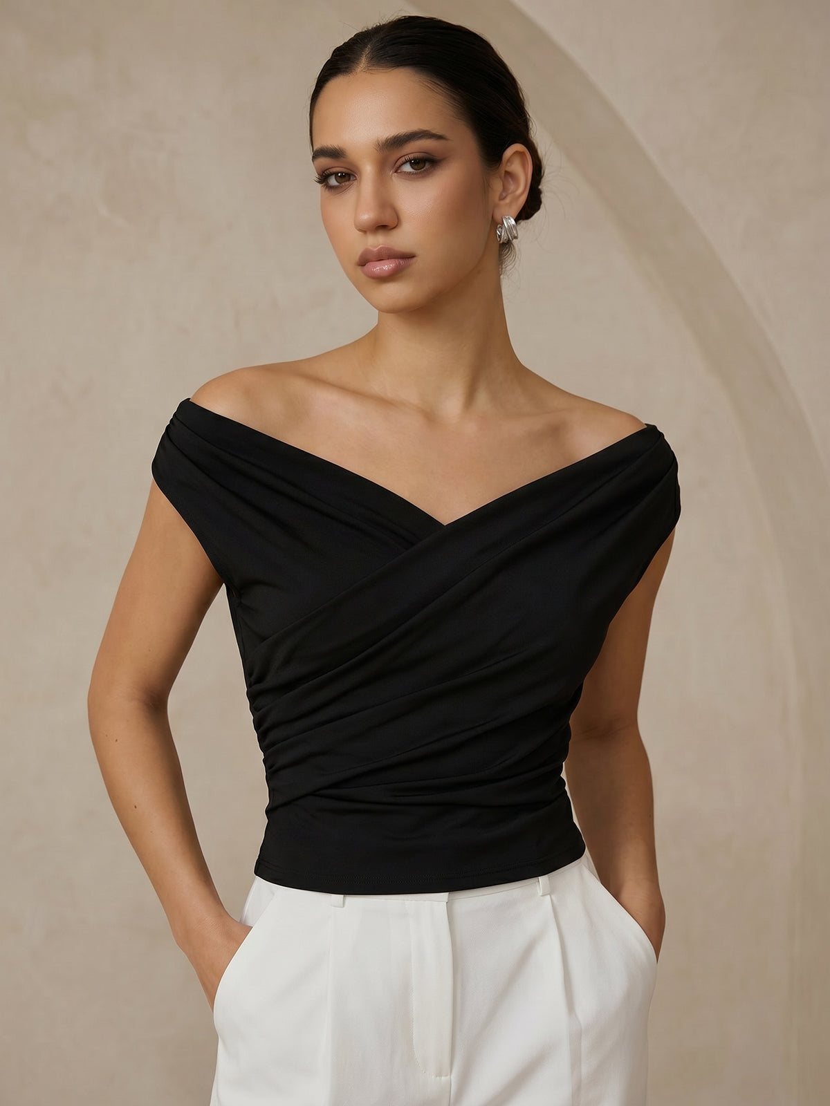 Asymmetric Neckline Ruched Blouse
