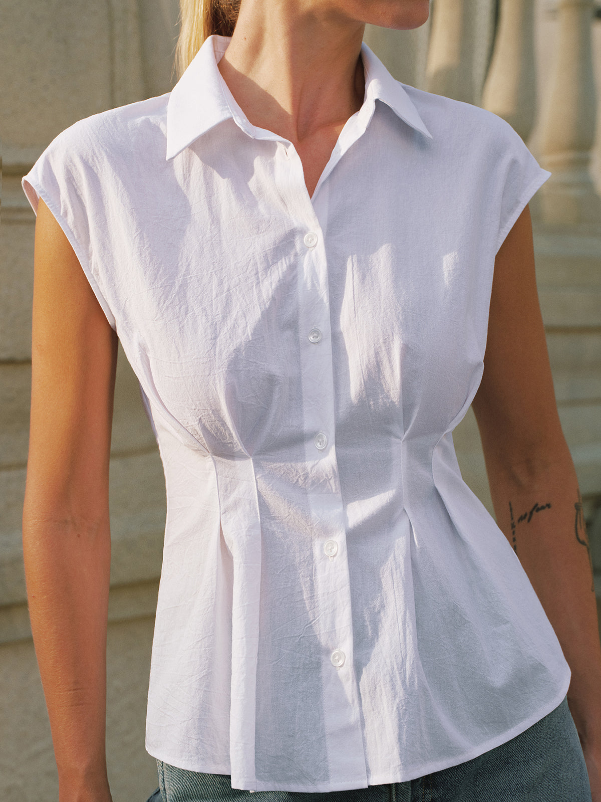 Cotton Sleeveless Cinched Waist Blouse