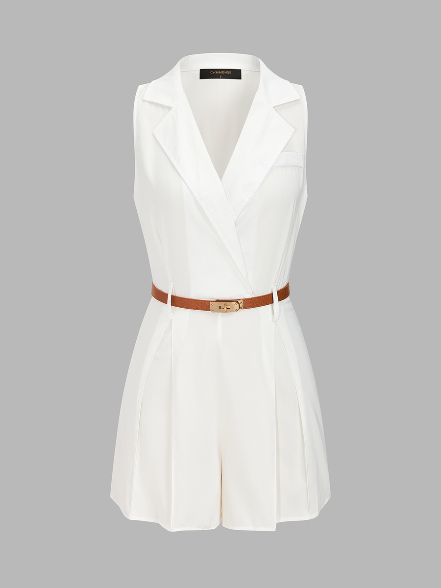 Casual Sleeveless Lapel Belted Romper