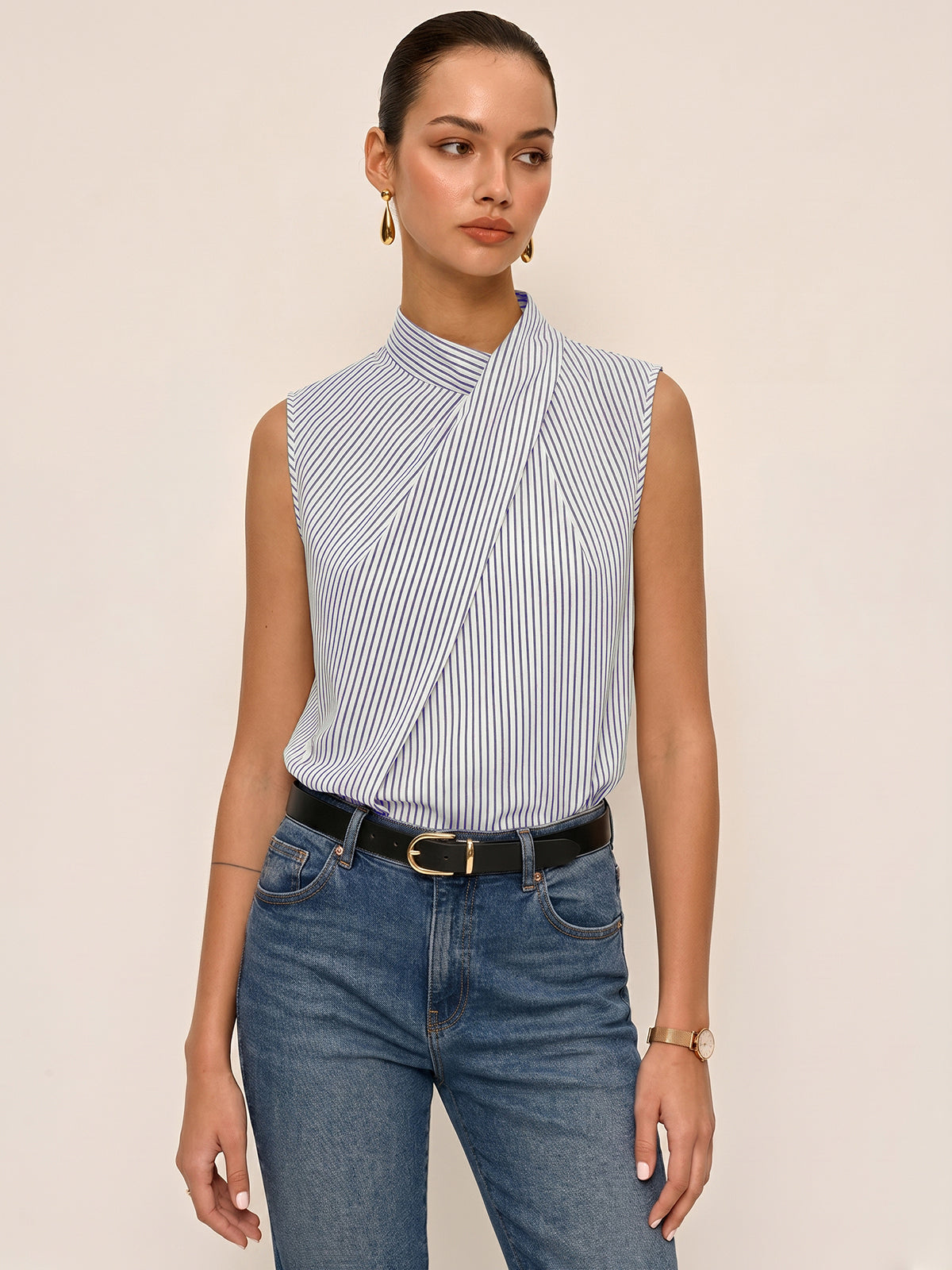 Sleeveless Striped High Neck Blouse