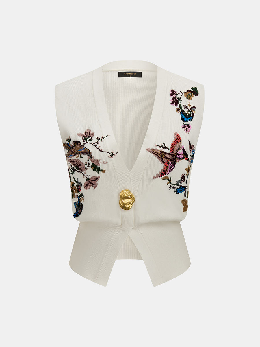 Floral Bird Embroidered Knit Vest