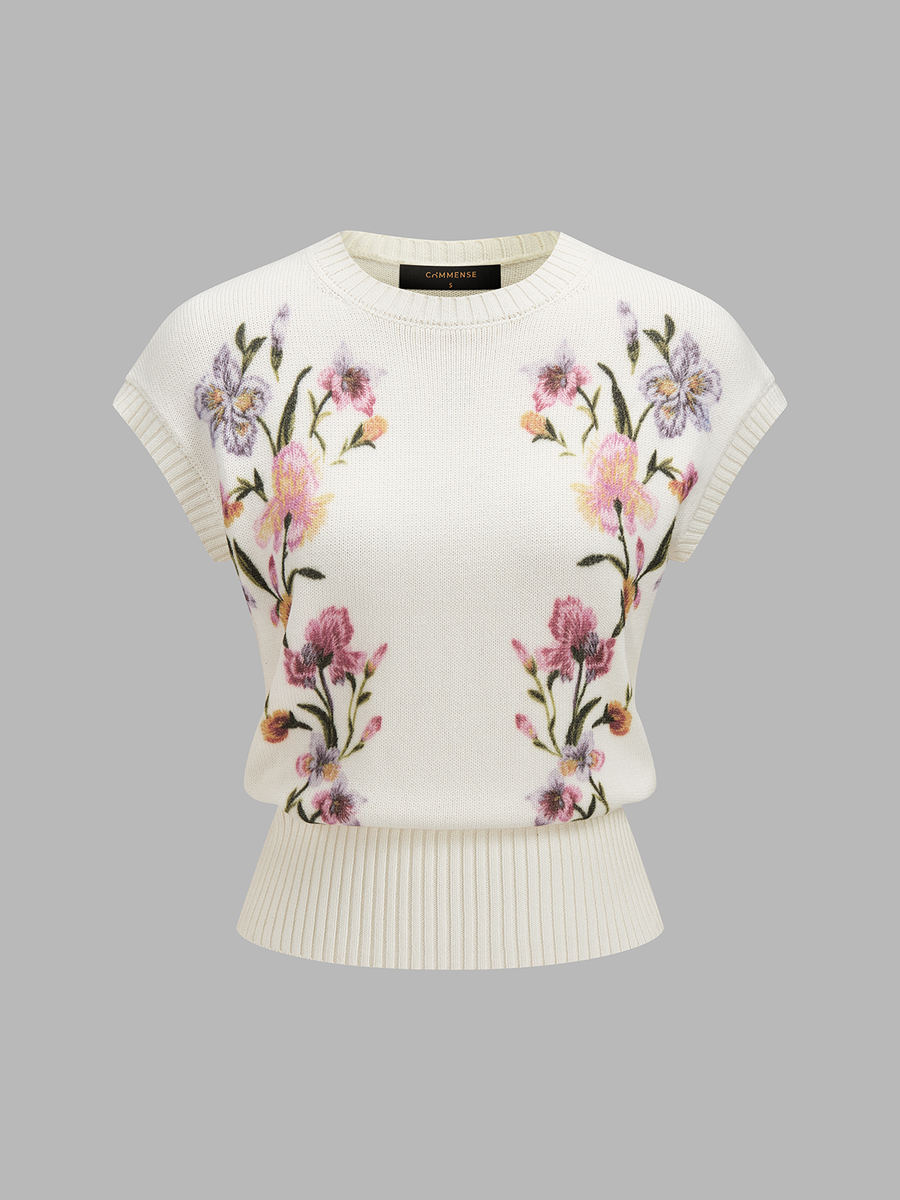 Floral Pattern Round Neck Knit Vest