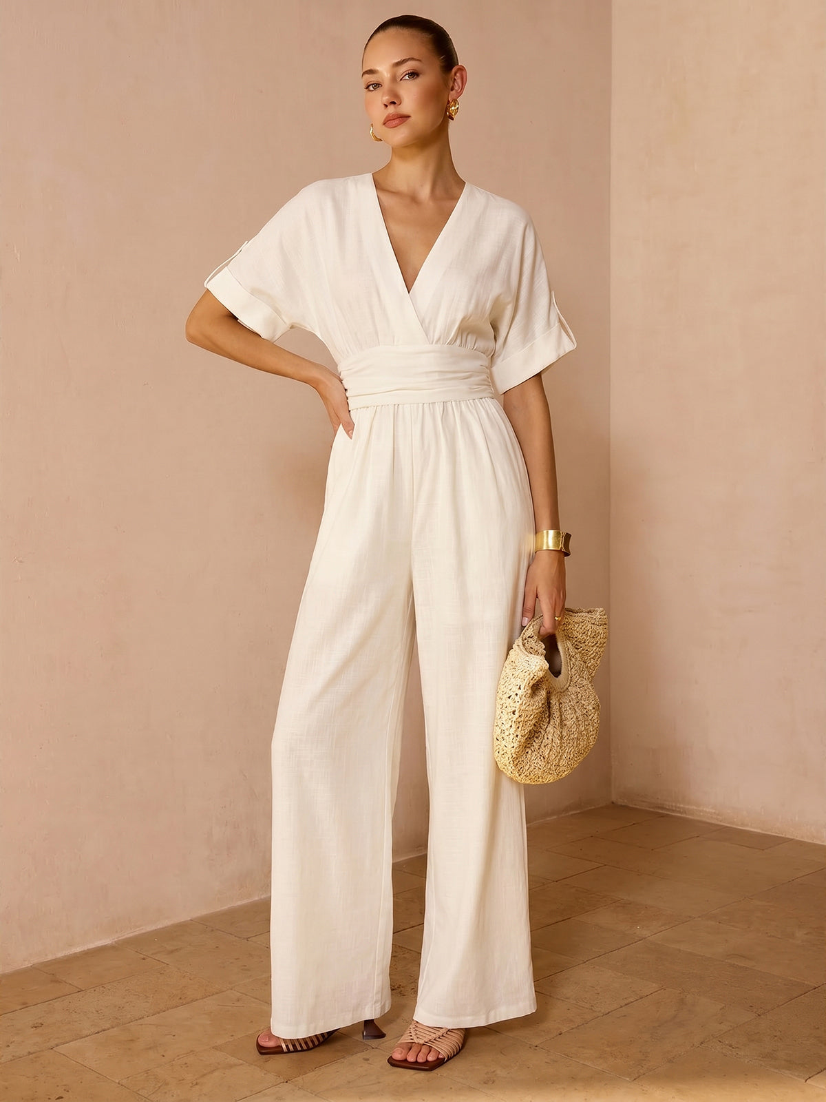 Tencel Blend Ruched Waist Wide Leg Jumpsuit