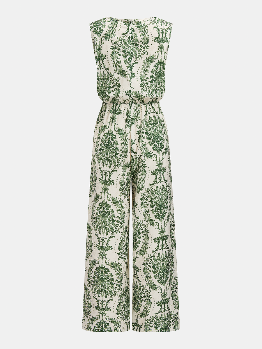 Sleeveless Damask Print Wide Leg Jumpsuit