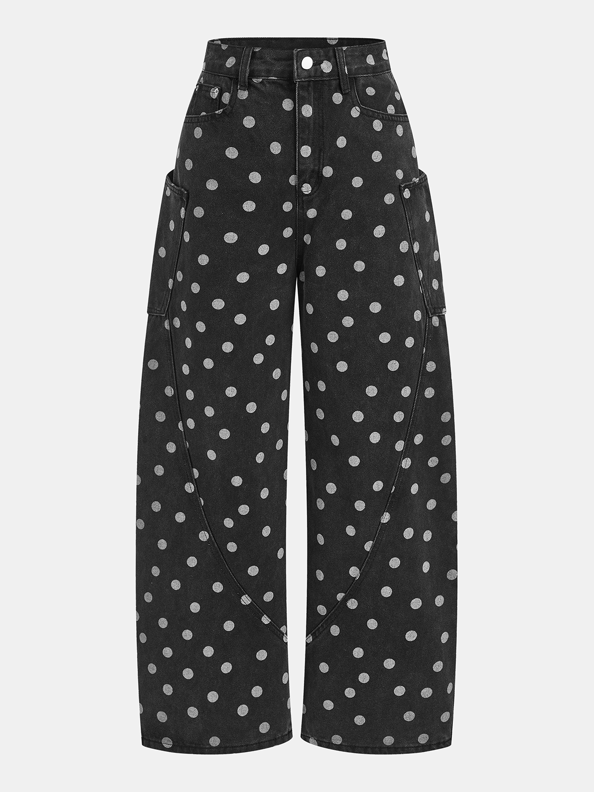 Polka Dot Denim Cargo Curved-Leg Pants