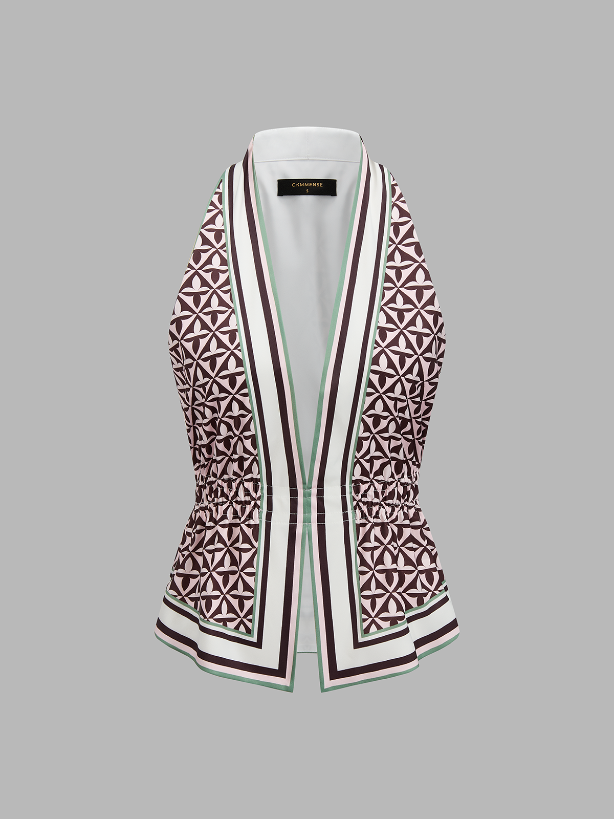 Geometric Print Cinched Waist Satin Top