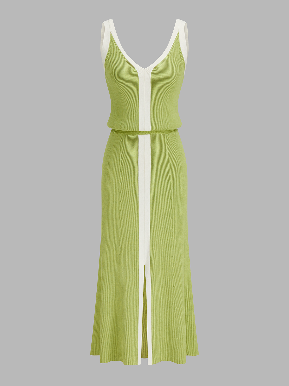 Contrast Trim Slit-Front Ribbed Knit Maxi Dress