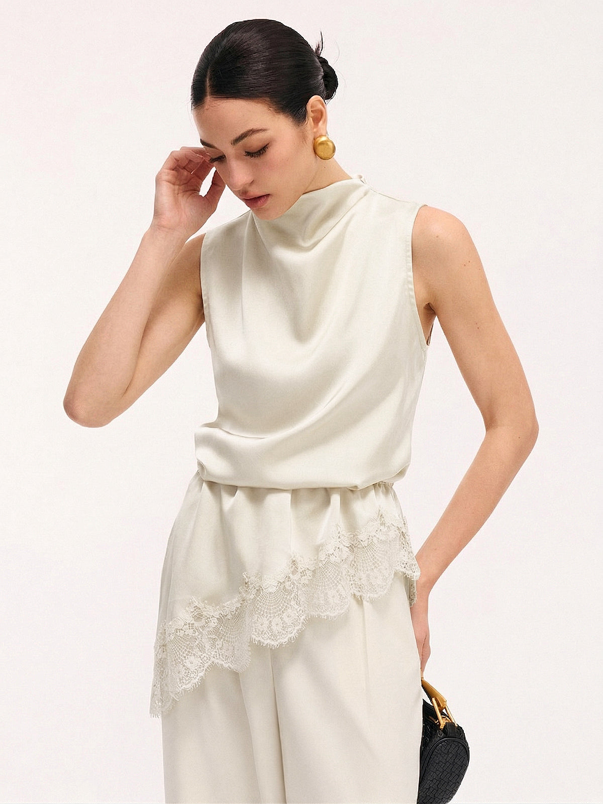 Lace Trim Satin Sleeveless Blouse