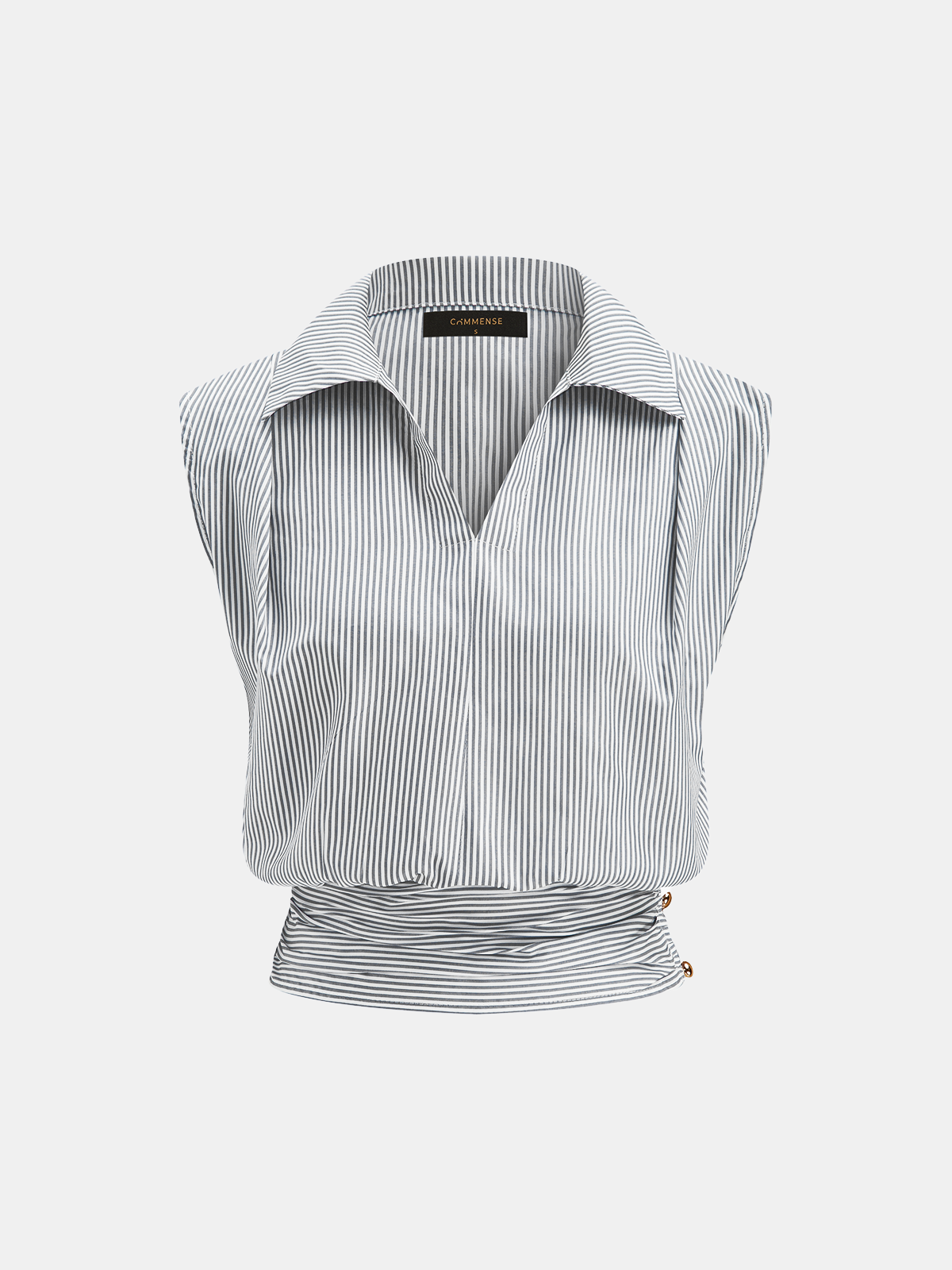 Striped Collared Sleeveless Cinched Blouse