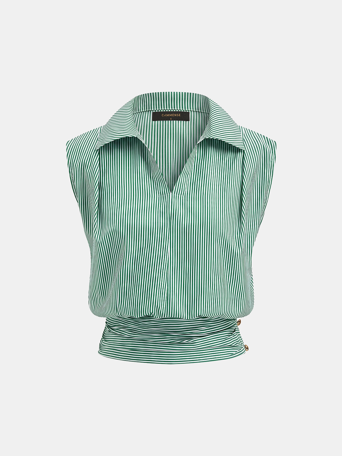 Striped Collared Sleeveless Cinched Blouse