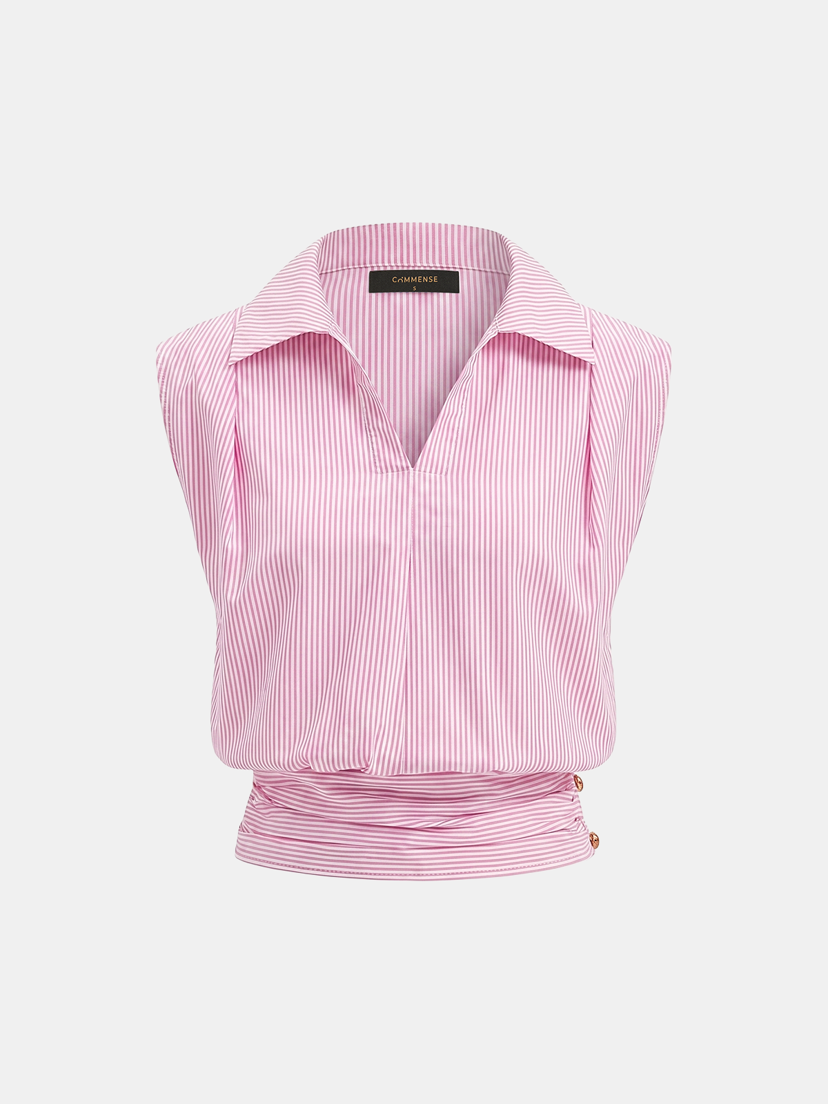 Striped Collared Sleeveless Cinched Blouse