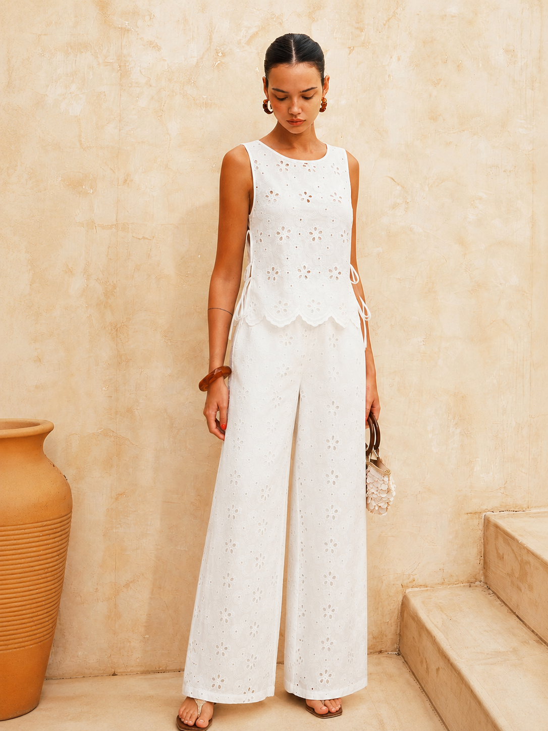 Eyelet Embroidery Two Piece Pants Set