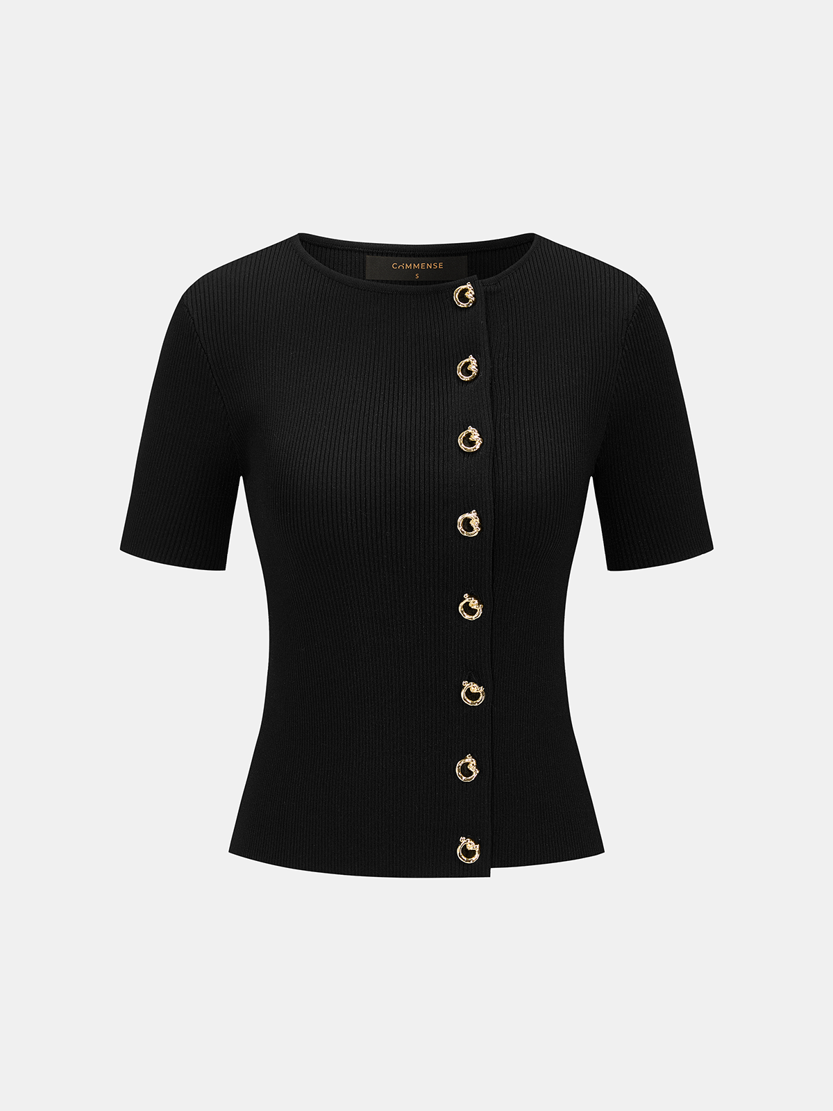 Metal Detail Short Sleeve Ribbed Knit Top