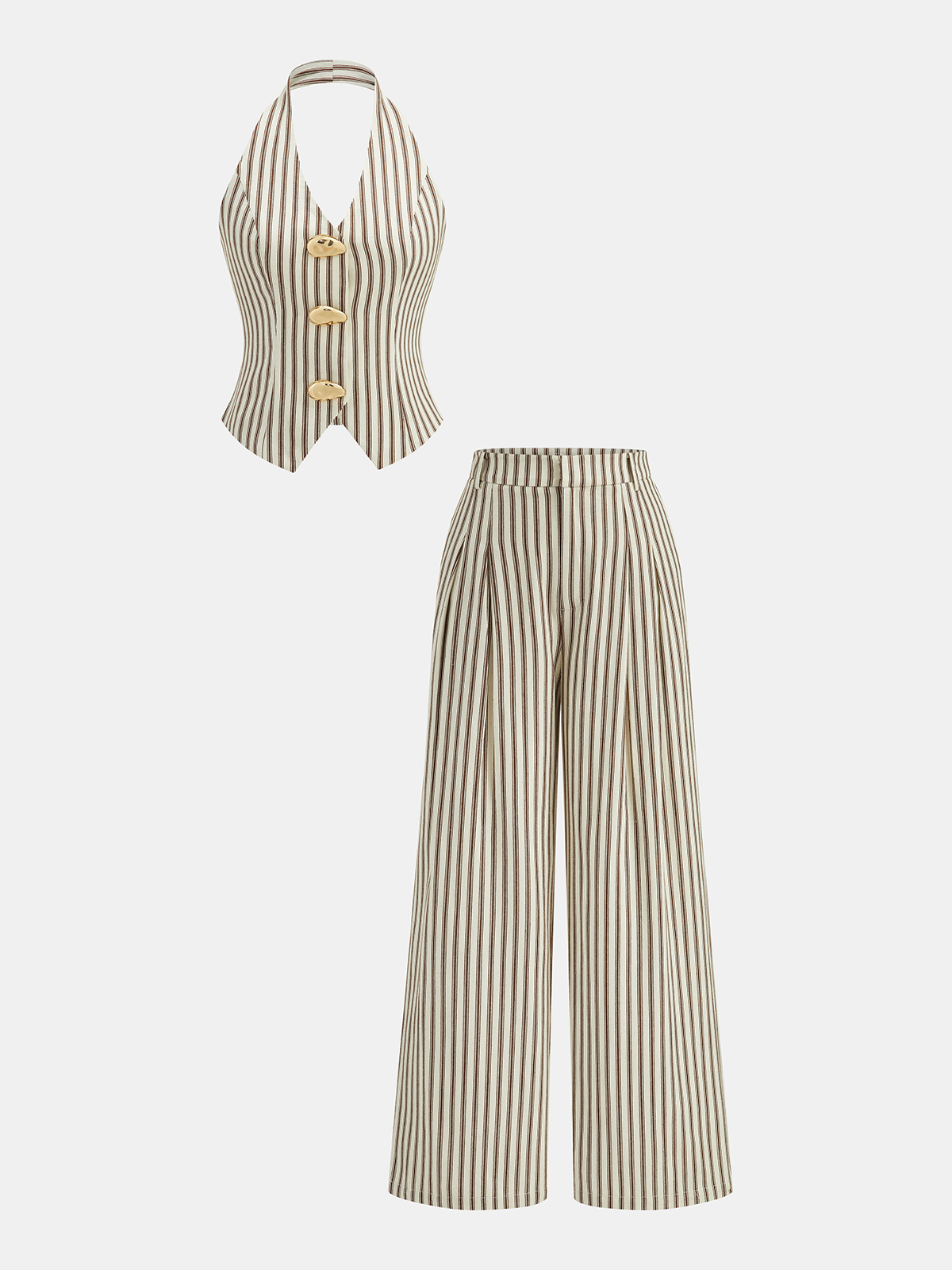 Striped Halter Neck Pants Set with Metal Button