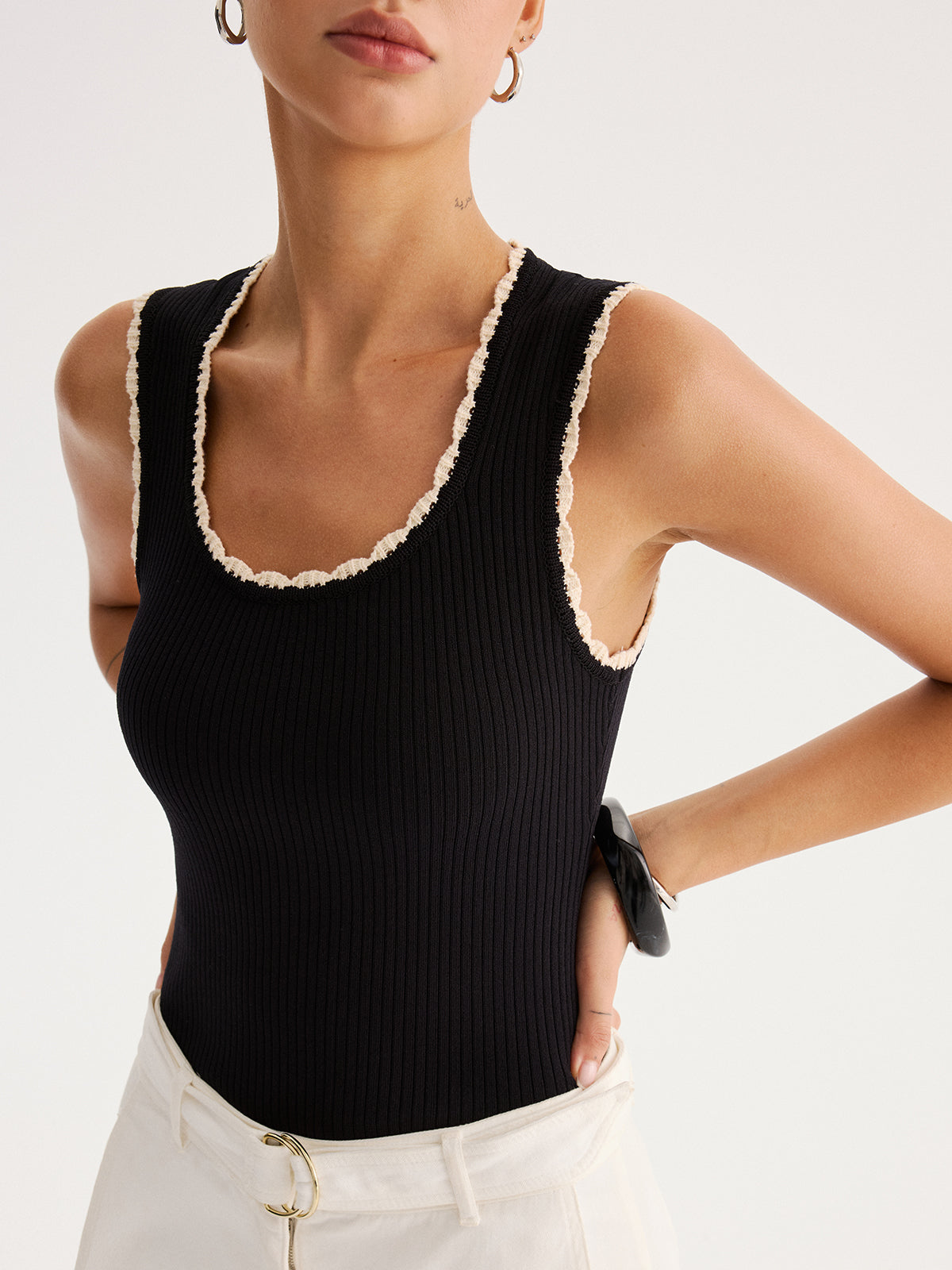 Ribbed Scallop Trim Knit Tank Top