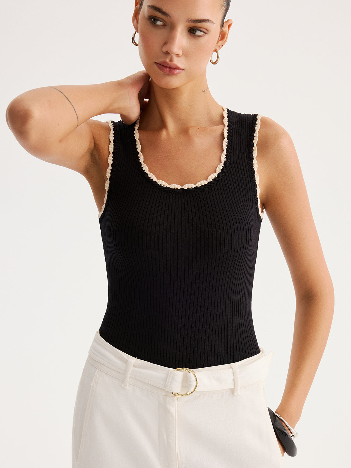 Ribbed Scallop Trim Knit Tank Top