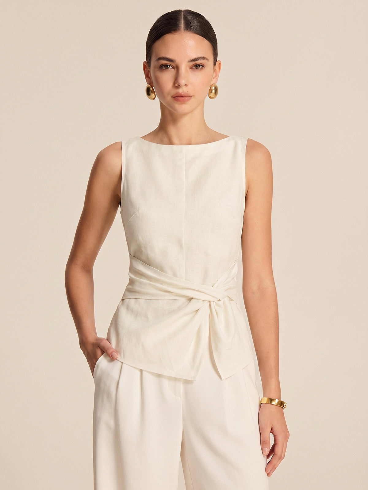Twisted Waist Linen Blend Sleeveless Blouse