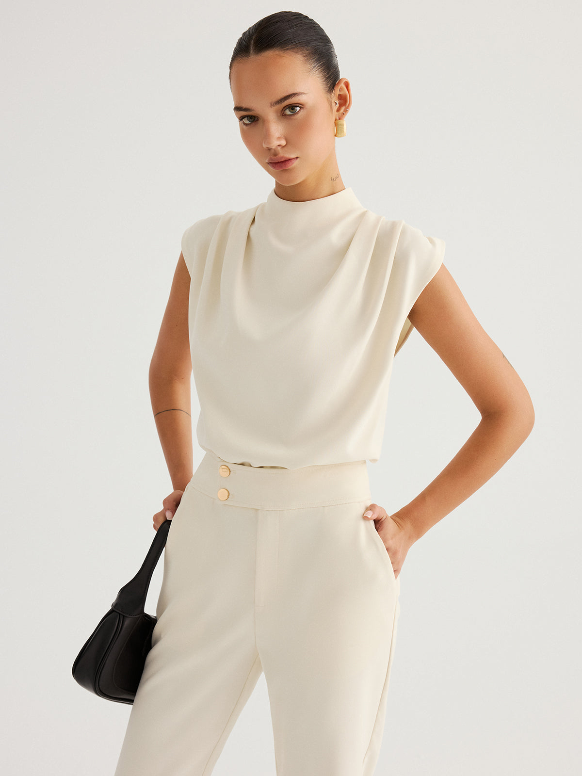 Draped High-Neck Cap Sleeve Blouse