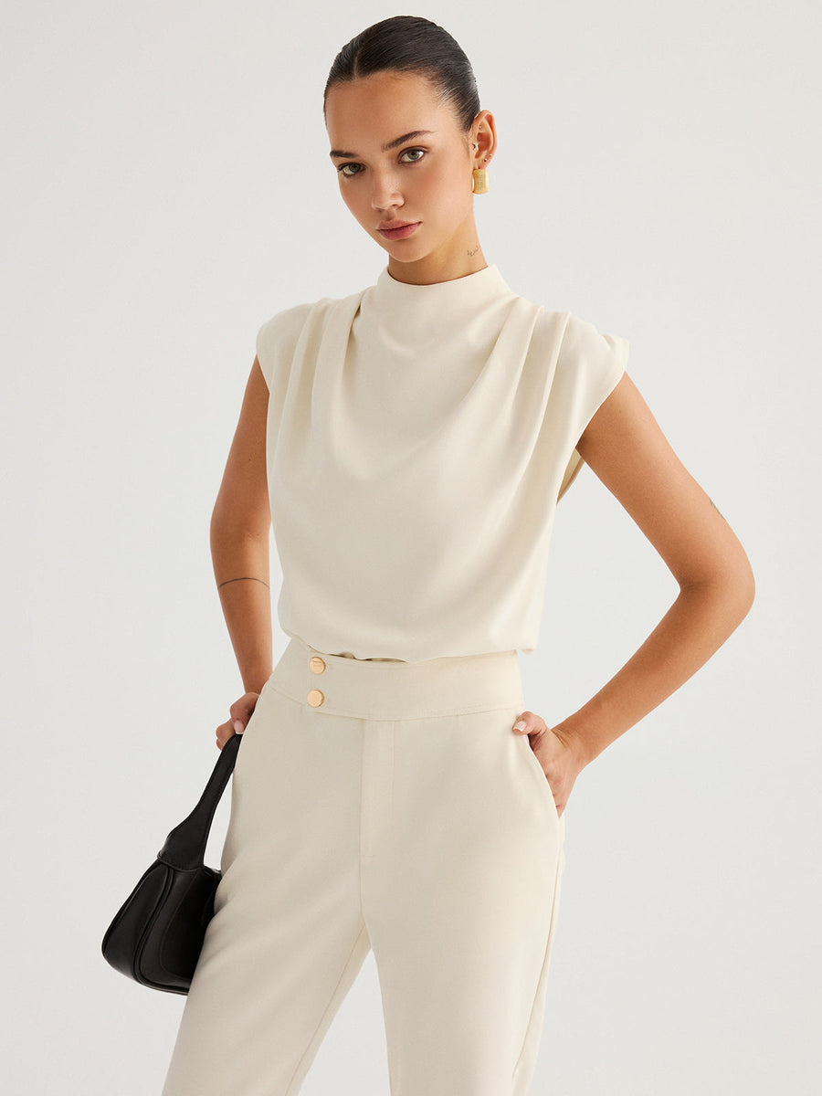Draped High-Neck Cap Sleeve Blouse