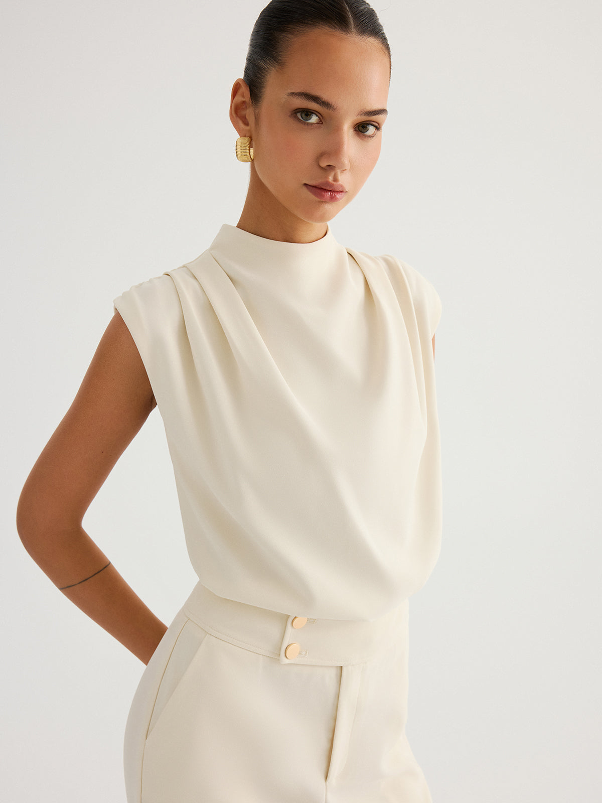 Draped High-Neck Cap Sleeve Blouse