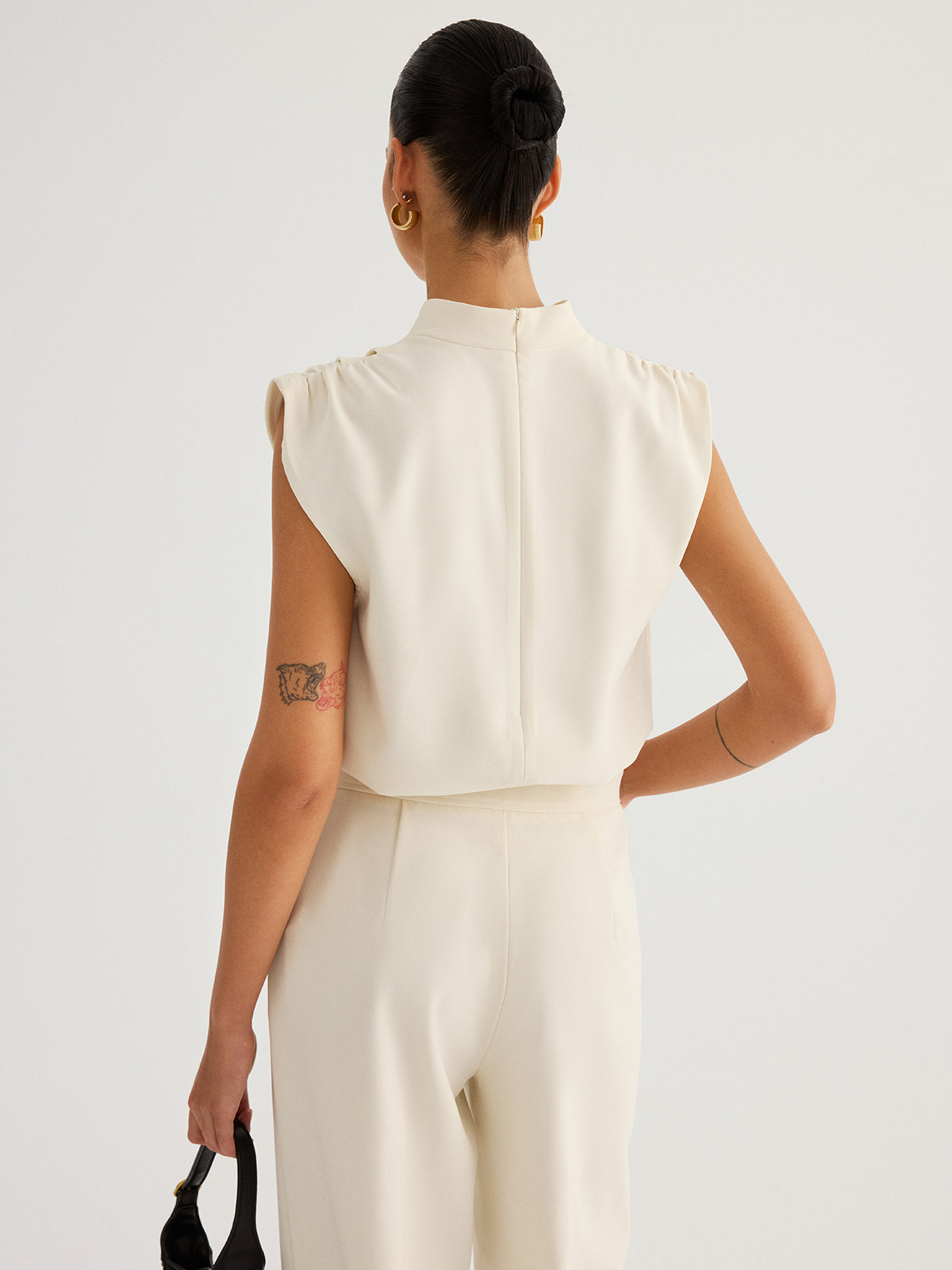 Draped High-Neck Cap Sleeve Blouse
