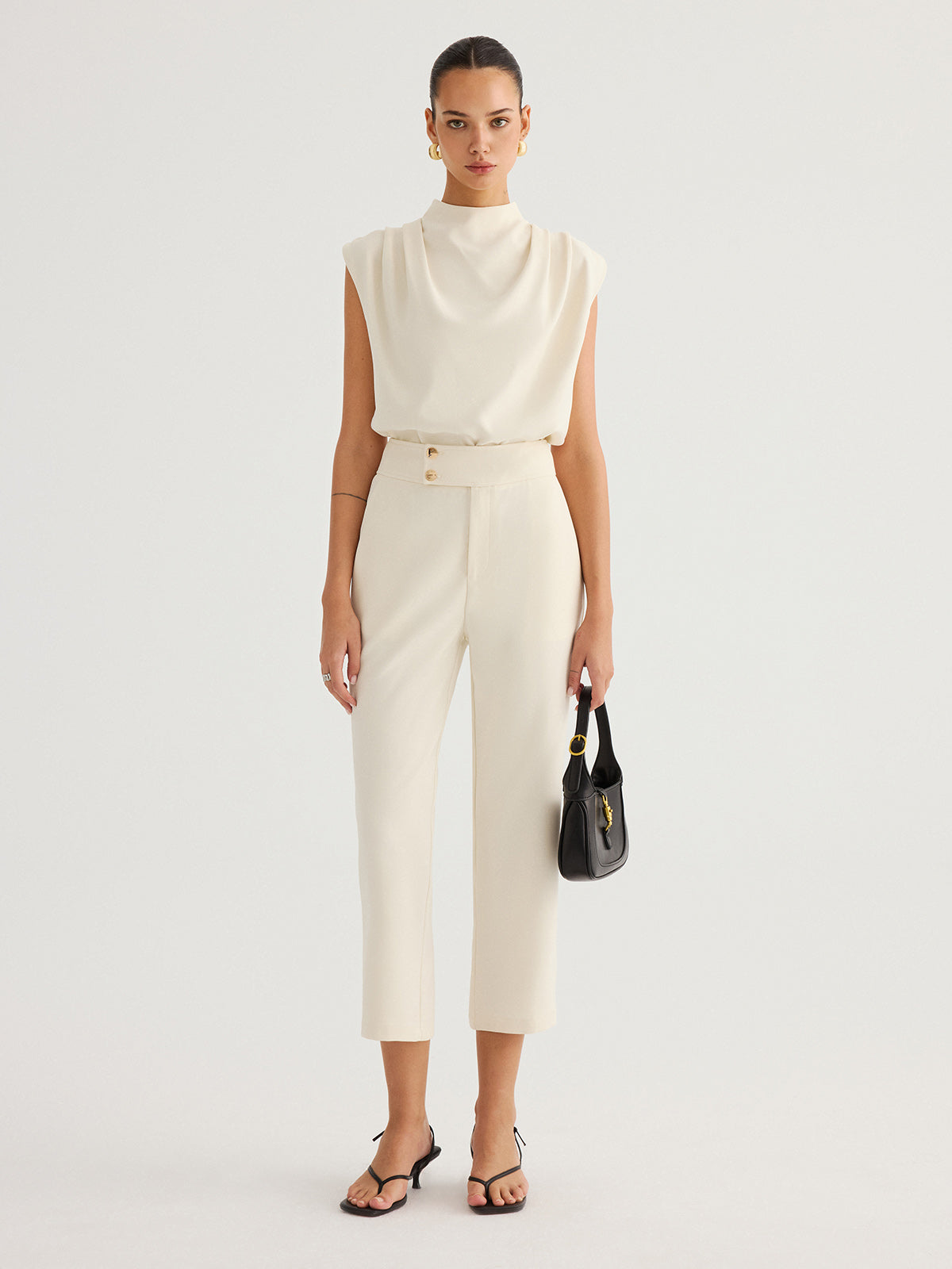 Metal Button Straight-Leg Cropped Pants