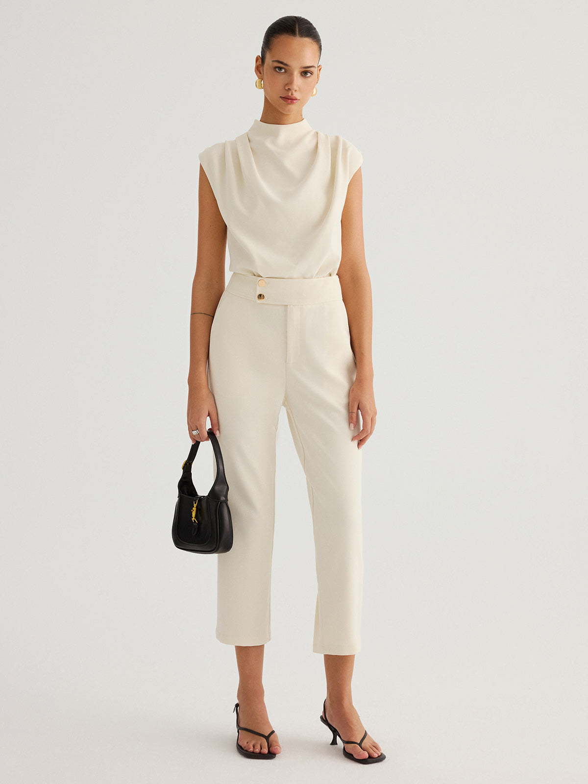 Metal Button Straight-Leg Cropped Pants