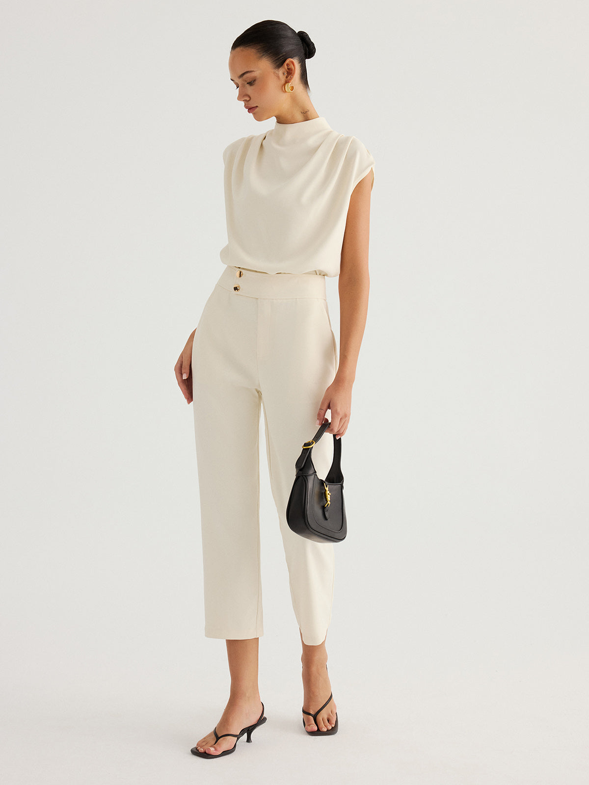 Metal Button Straight-Leg Cropped Pants