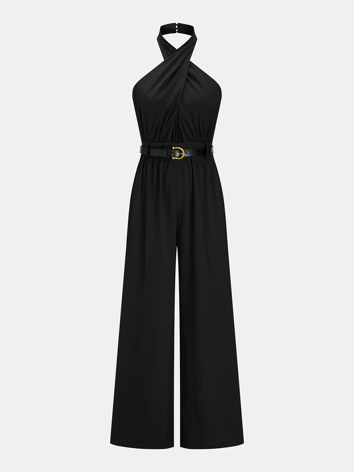 Cross Halter Belted Wide Leg Jumpsuit