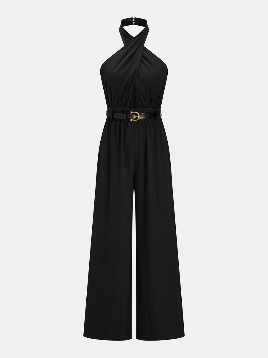 Cross Halter Belted Wide Leg Jumpsuit