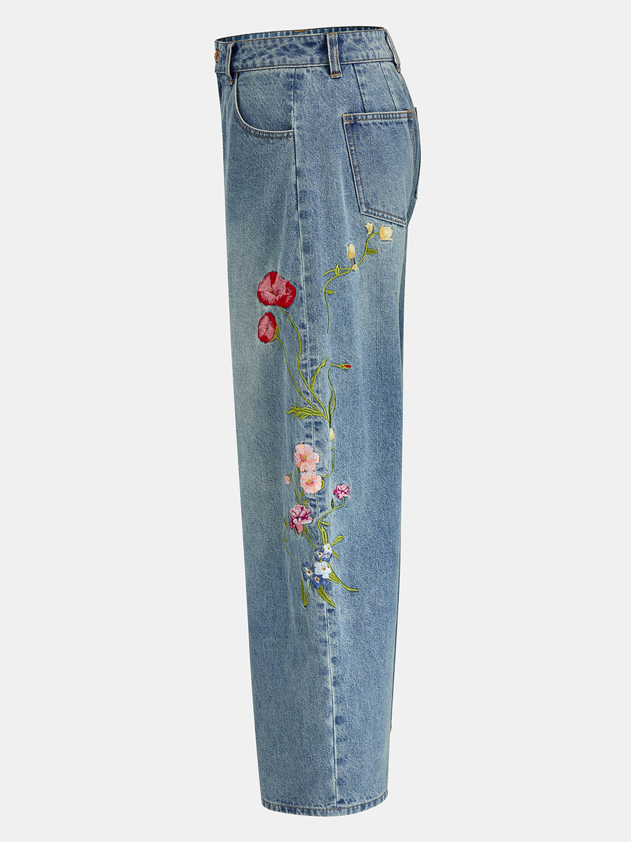 Floral Embroidery Curved-Leg Denim Pants