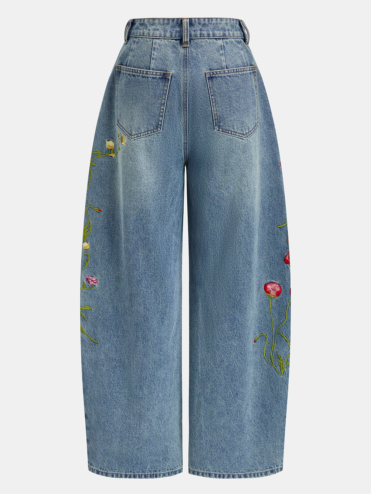 Floral Embroidery Curved-Leg Denim Pants
