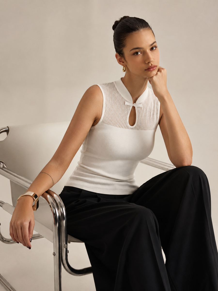 Mandarin Collar Hollow Knit Tank Top