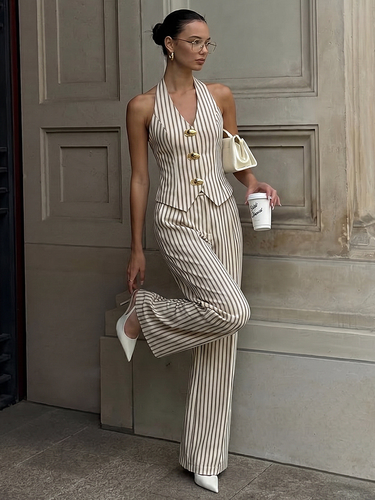 Striped Halter Neck Pants Set with Metal Button