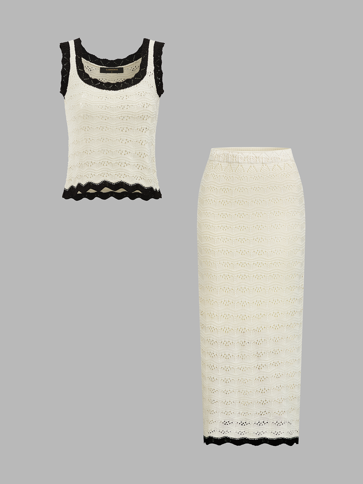 Contrast Trim Crochet Knit Top & Midi Skirt Set