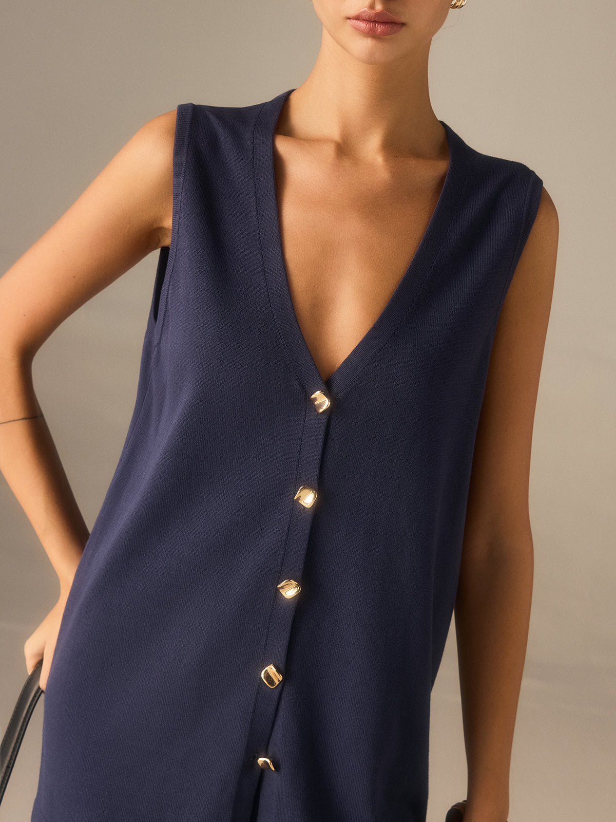 Golden Button Knit Vest Pants Set in Premium Fabric