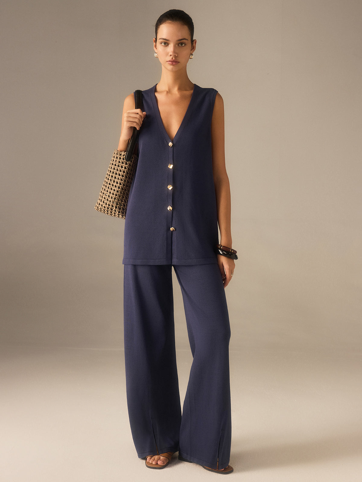 Golden Button Knit Vest Pants Set in Premium Fabric