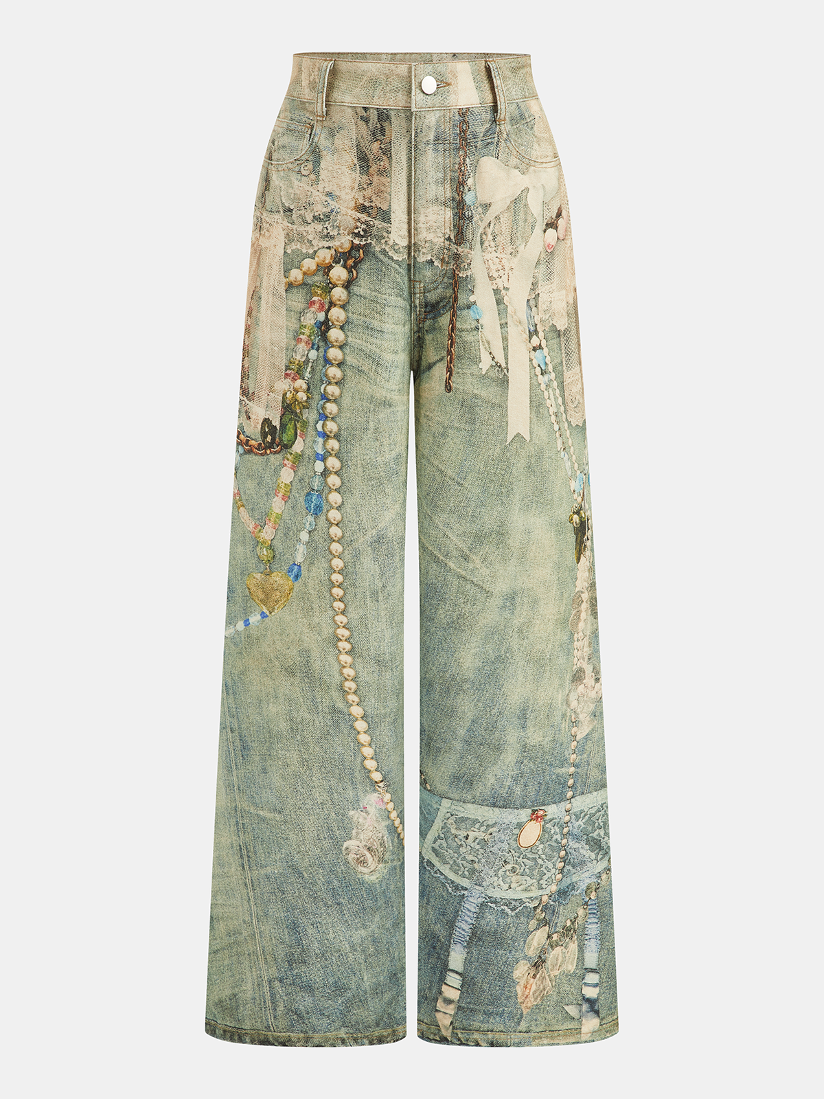 Jewelry Print Wide Leg Denim Pants