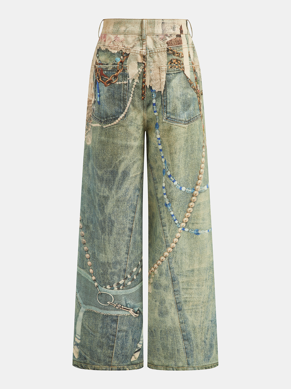 Jewelry Print Wide Leg Denim Pants