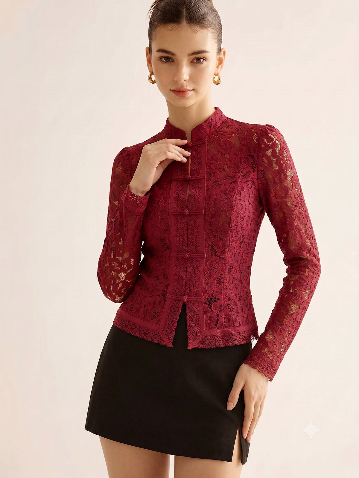Frog Closure Lace Mandarin Collar Blouse